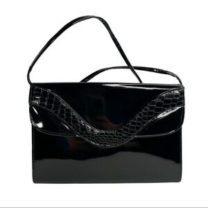 Patent Leather Black Slim Evening Bag Purse With Crocodile Embossed